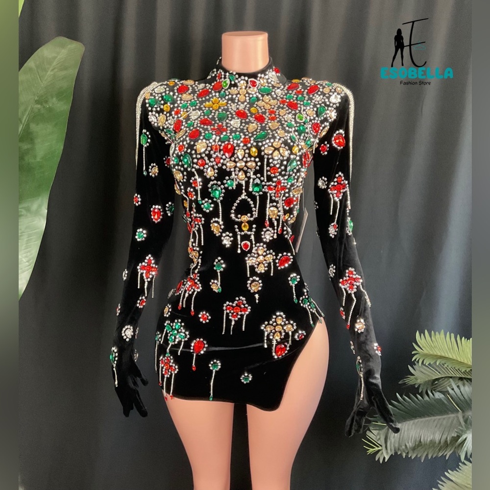 Multicolored Jewel-Embellished Velvet Mini Dress